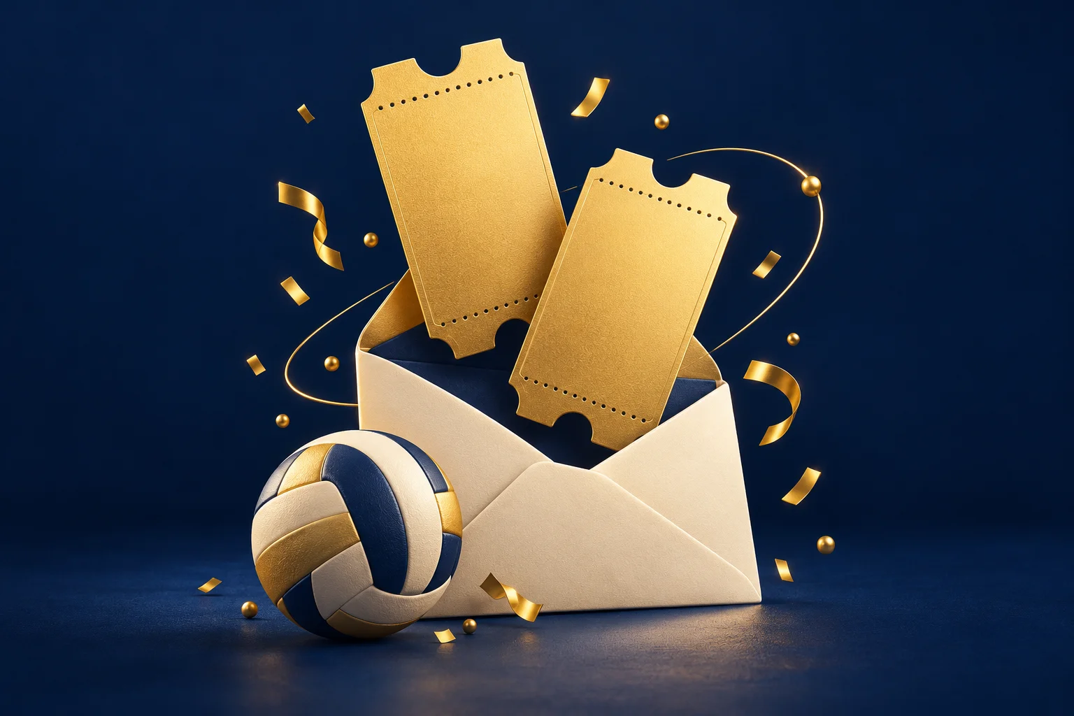 Mga blangkong gintong tiket na lumulutang mula sa puting sobre sa tabi ng bolang volleyball