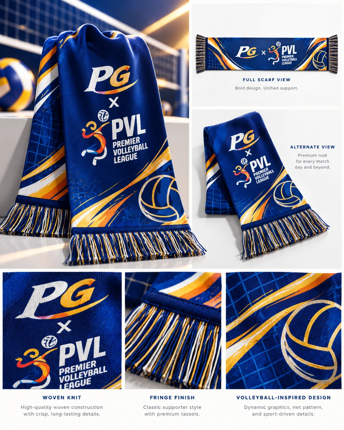 Bughaw at gintong scarf ng PG at PVL na may palawit sa mga dulo at disenyong volleyball