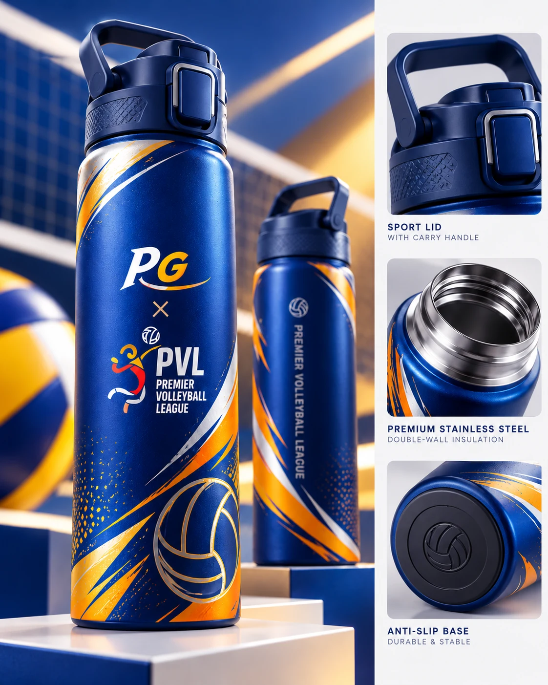 Bughaw at gintong thermos ng PG at PVL na may takip pang-sports, loob na stainless steel, at ilalim na hindi madulas