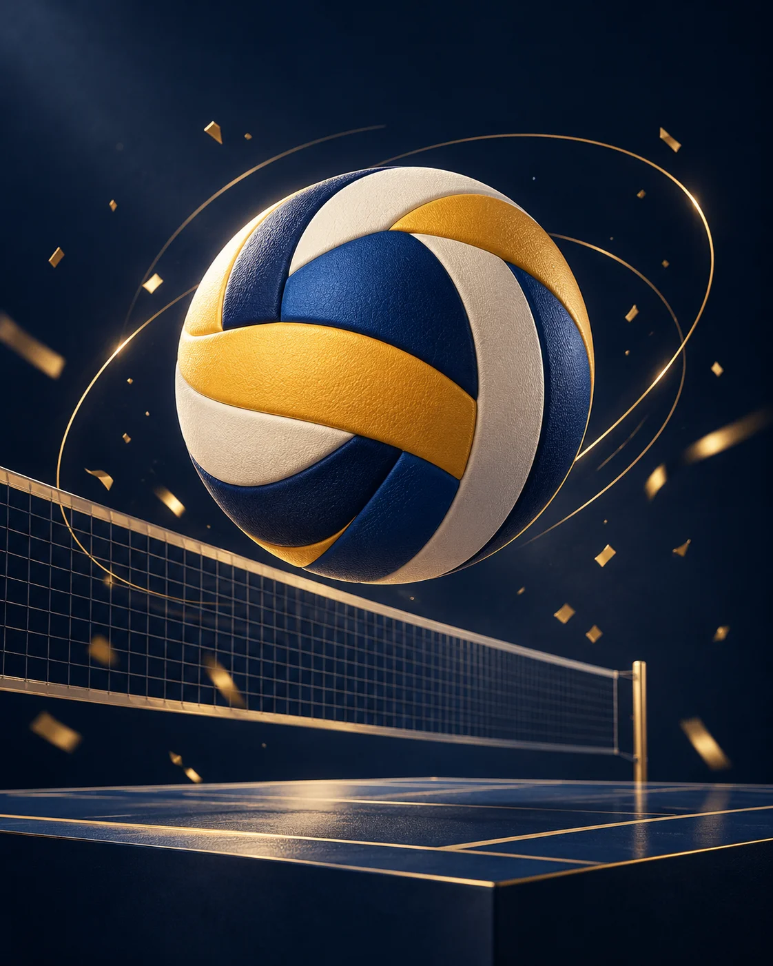 Bolang volleyball na bughaw, puti at ginto na lumilipad sa ibabaw ng court at net